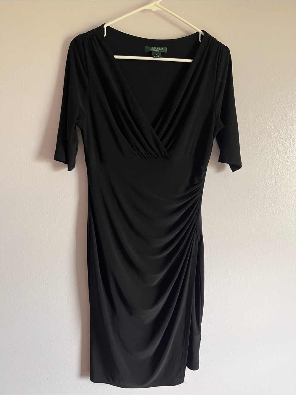 Ralph Lauren Black Ruched Faux-Wrap Midi Dress